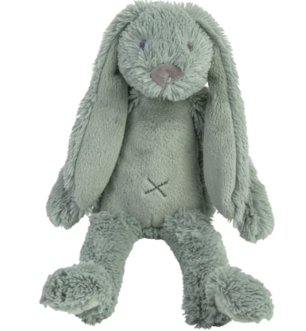 Happy Horse Rabbit Richie dusty green plush stuffed animal bunny sitting against a white background.