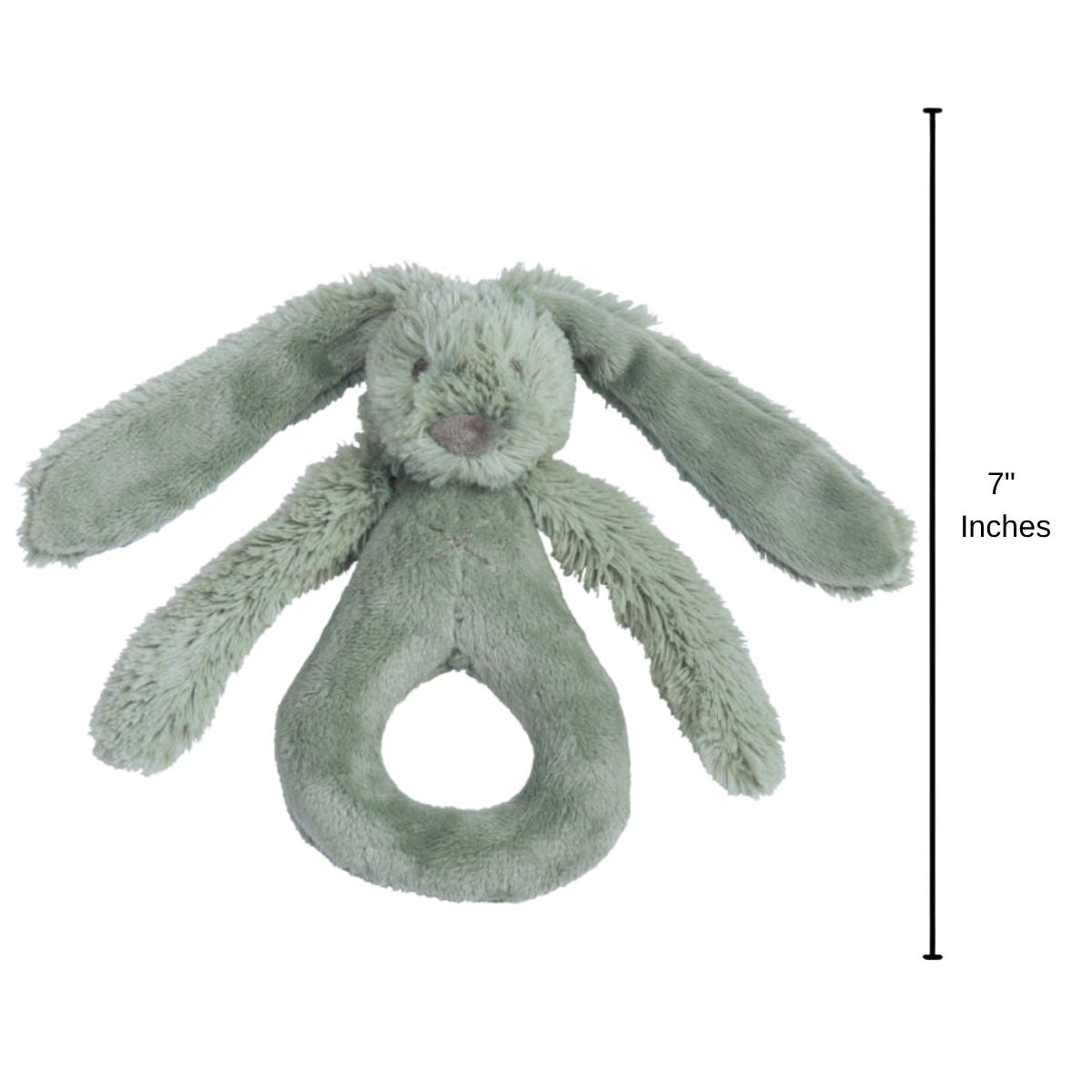 Happy Horse Rabbit Richie green plush rattle standing upright with a 7-inch height indicator graphic.