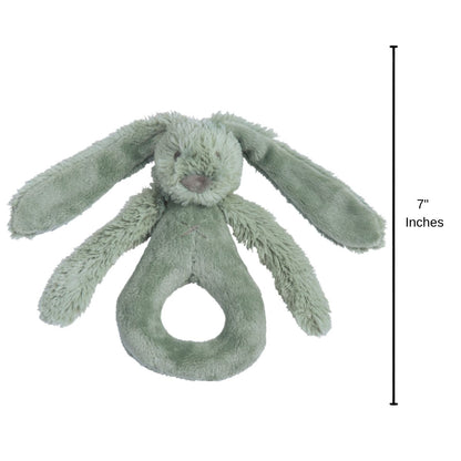 Happy Horse Rabbit Richie green plush rattle standing upright with a 7-inch height indicator graphic.