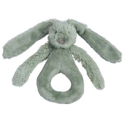 Happy Horse Rabbit Richie soft dusty green plush ring rattle with long floppy ears and dangling arms against a white background.