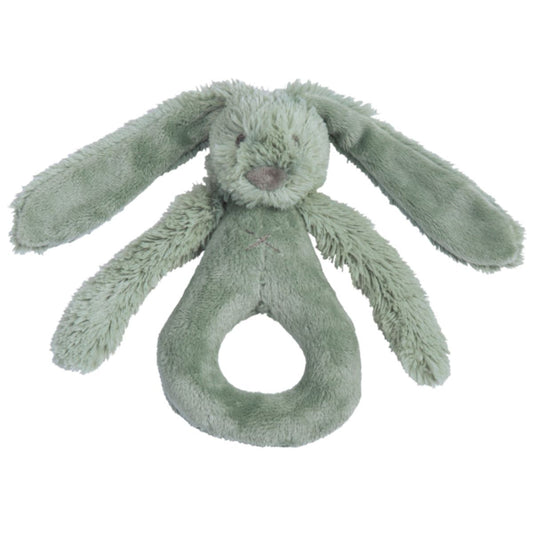 Happy Horse Rabbit Richie soft dusty green plush ring rattle with long floppy ears and dangling arms against a white background.