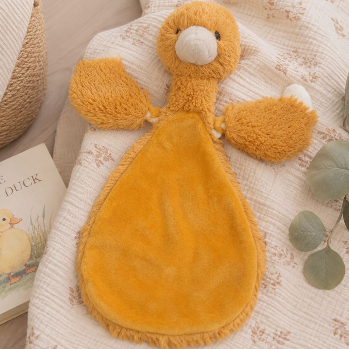 Happy Horse Duck Twine ochre plush lovey resting flat on a cozy blanket inside a nursery setting next to a decorative eucalyptus branch.