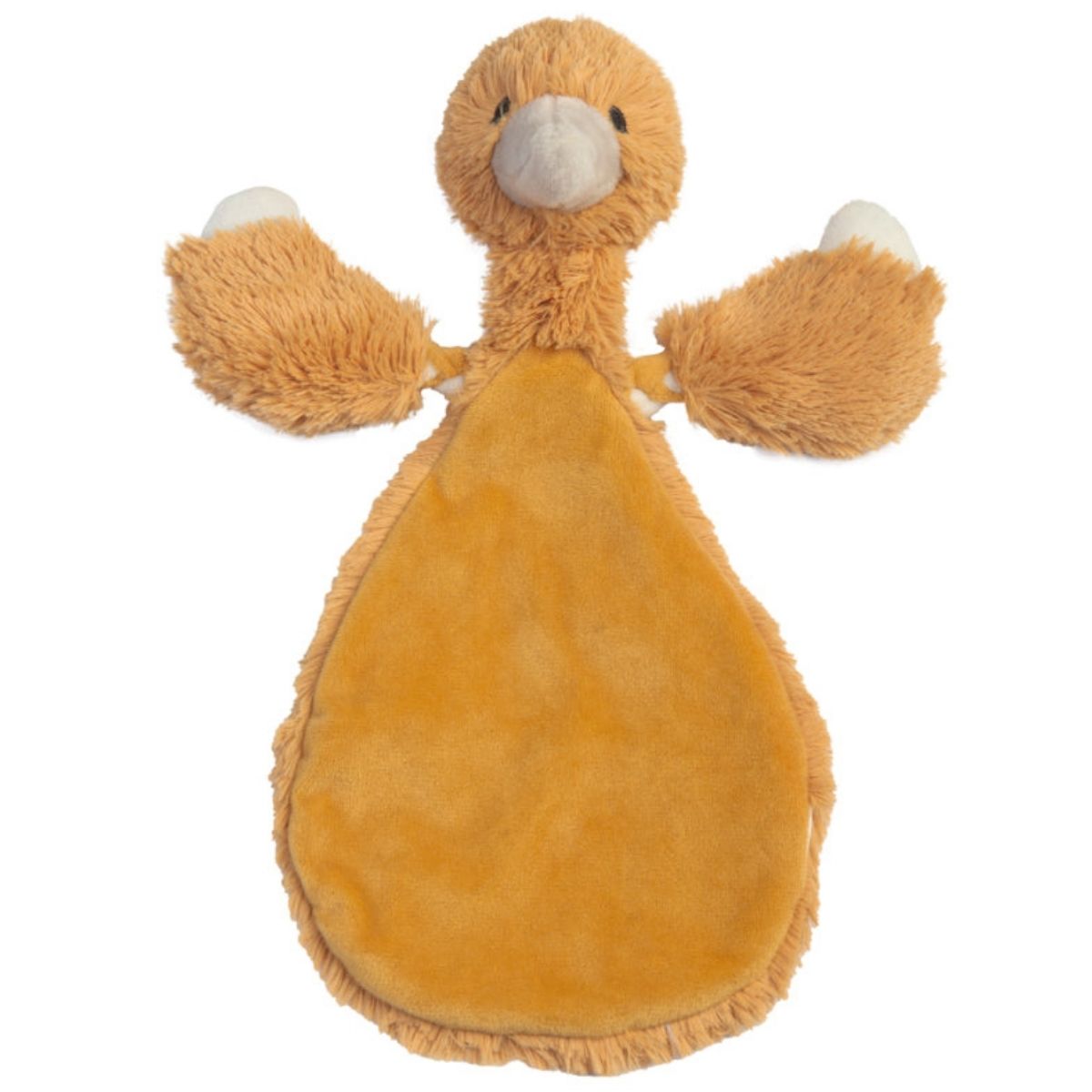 Happy Horse Duck Twine ochre yellow plush security tuttle blanket with gray beak against a white background.