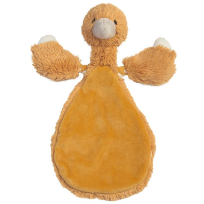 Happy Horse Duck Twine ochre yellow plush security tuttle blanket with gray beak against a white background.