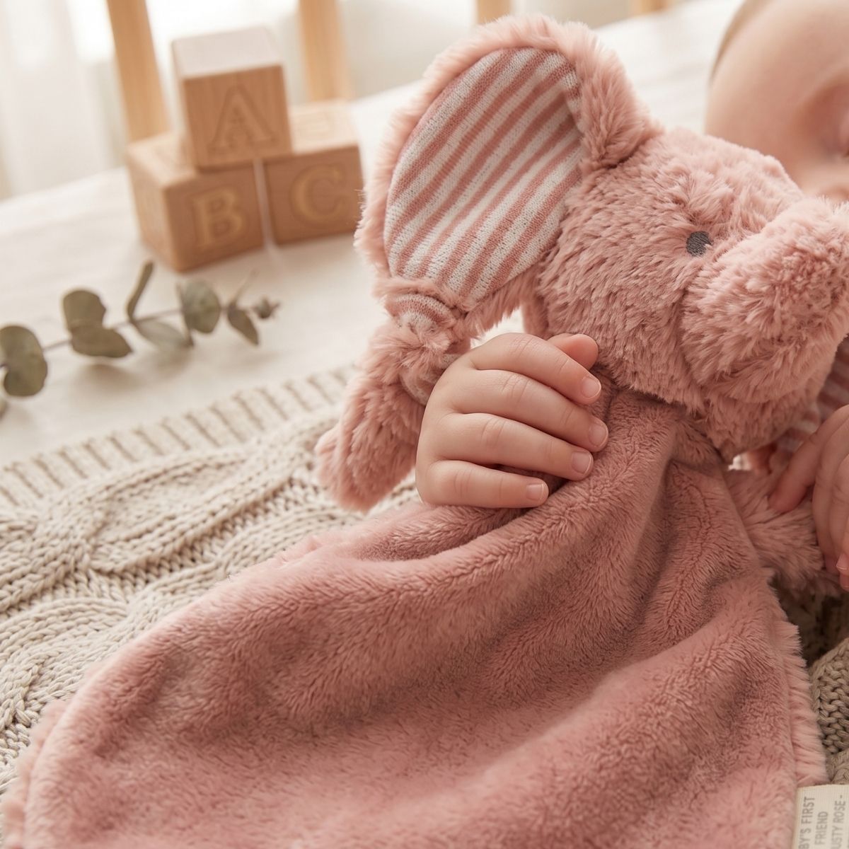 Close-up of a child's hands holding and cuddling the Happy Horse Elephant Emily pink plush lovey in a cozy nursery.