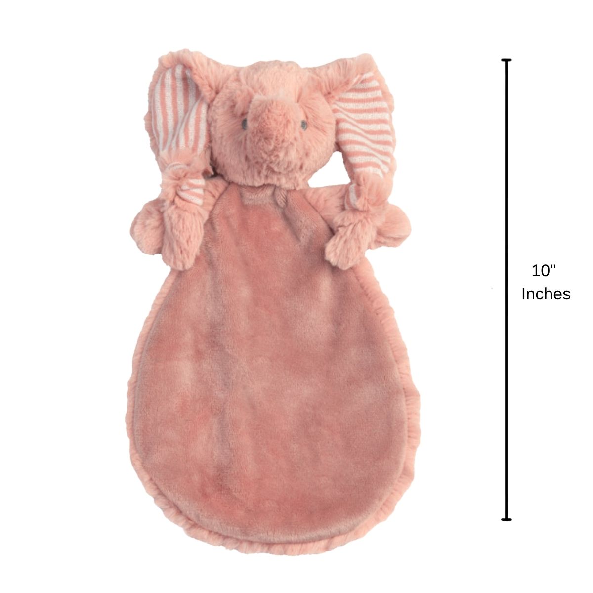Happy Horse Elephant Emily plush security blanket standing upright displaying a 10-inch height indicator graphic.