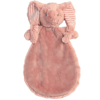 Happy Horse Elephant Emily dusty pink plush security tuttle blanket with striped ears against a white background.