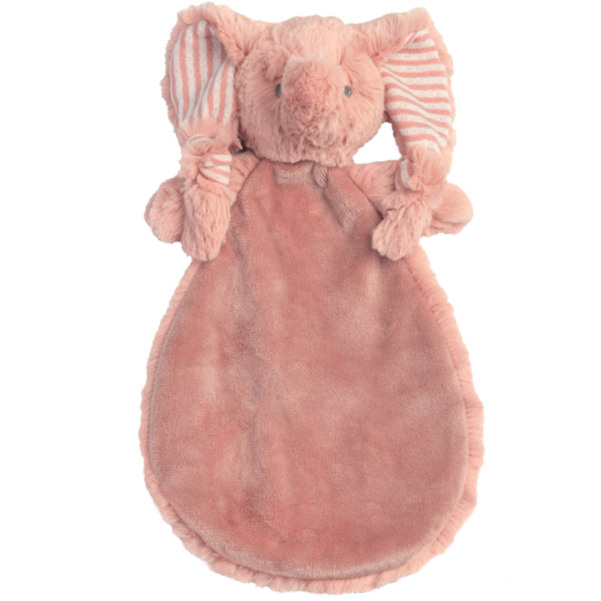 A plush pink elephant blanket with striped ears, resembling an animal with a human-like face and clothing.
