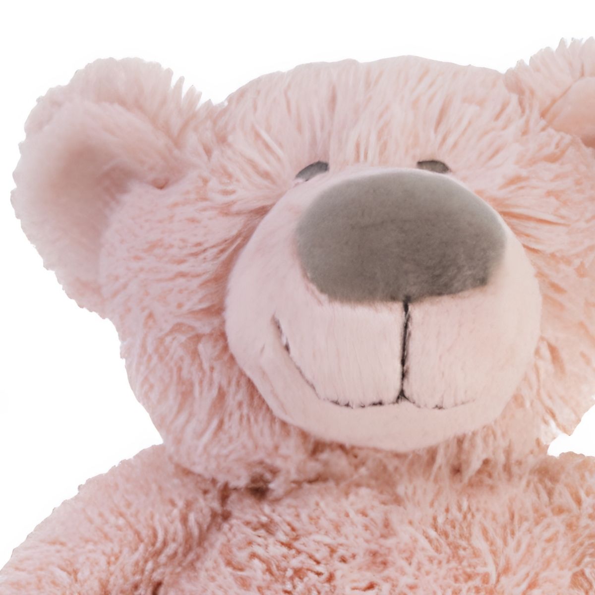 Close-up portrait shot of the Happy Horse Bear Brim plush showcasing its shaggy pink fur, large grey velvet nose, and embroidered smile.
