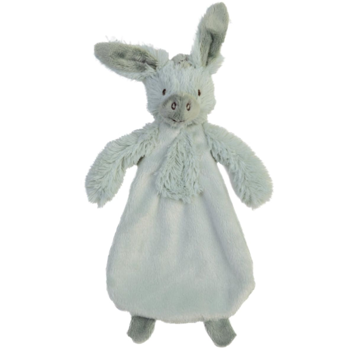 Happy Horse Donkey Diego light grey-blue plush security tuttle blanket with floppy ears against a white background.