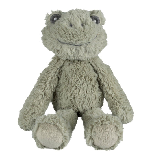 Happy Horse Frog Flex sage green shaggy plush stuffed animal sitting against a white background.