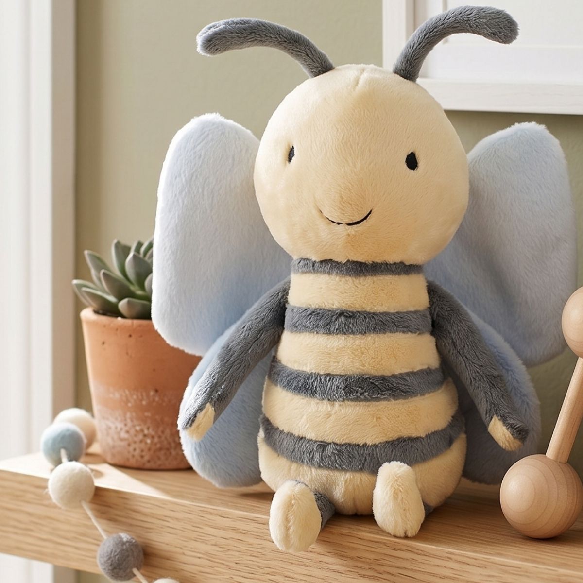 Happy Horse Bee Benja plush bee sitting on a wooden nursery shelf next to a small potted plant and a wooden bead garland.