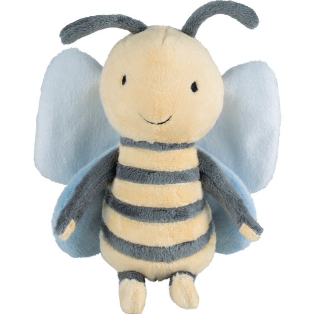 Happy Horse Bee Benja No. 1 plush stuffed animal bee with yellow and grey stripes and blue wings against a white background.