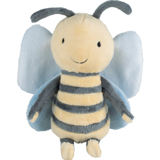 Happy Horse Bee Benja No. 1 plush stuffed animal bee with yellow and grey stripes and blue wings against a white background.