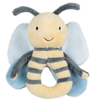 Happy Horse Bee Benja plush ring rattle with yellow and grey stripes and blue wings against a white background.