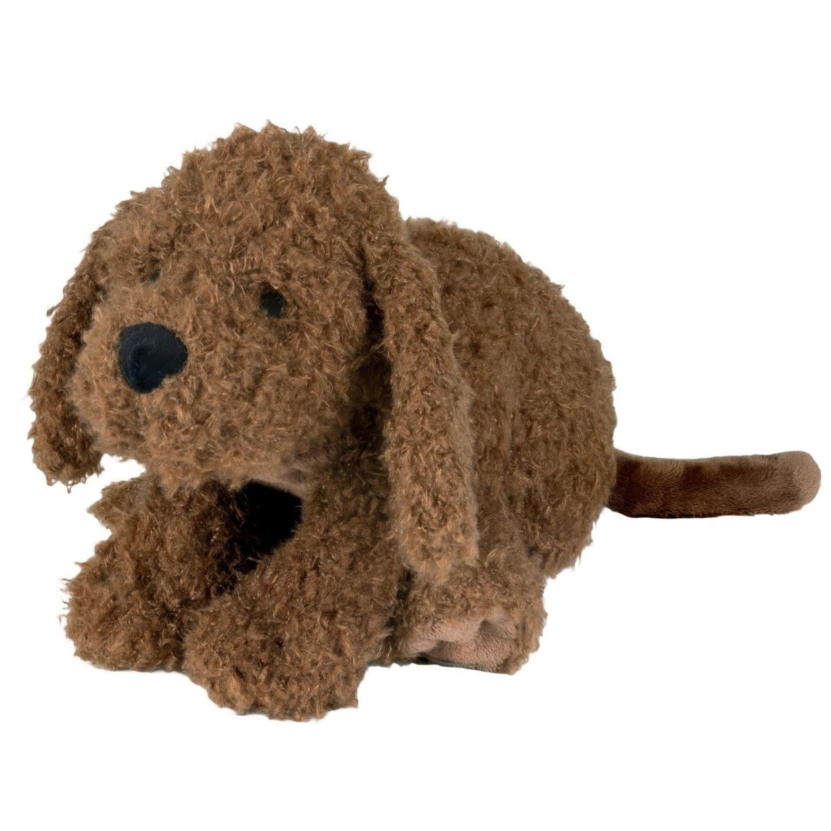 Happy Horse Labradoodle Larry size 1 dark brown curly plush stuffed dog laying down against a white background.