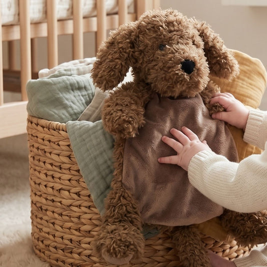 A baby's hands interacting with the Happy Horse Labradoodle Larry brown plush lovey next to a woven nursery basket.