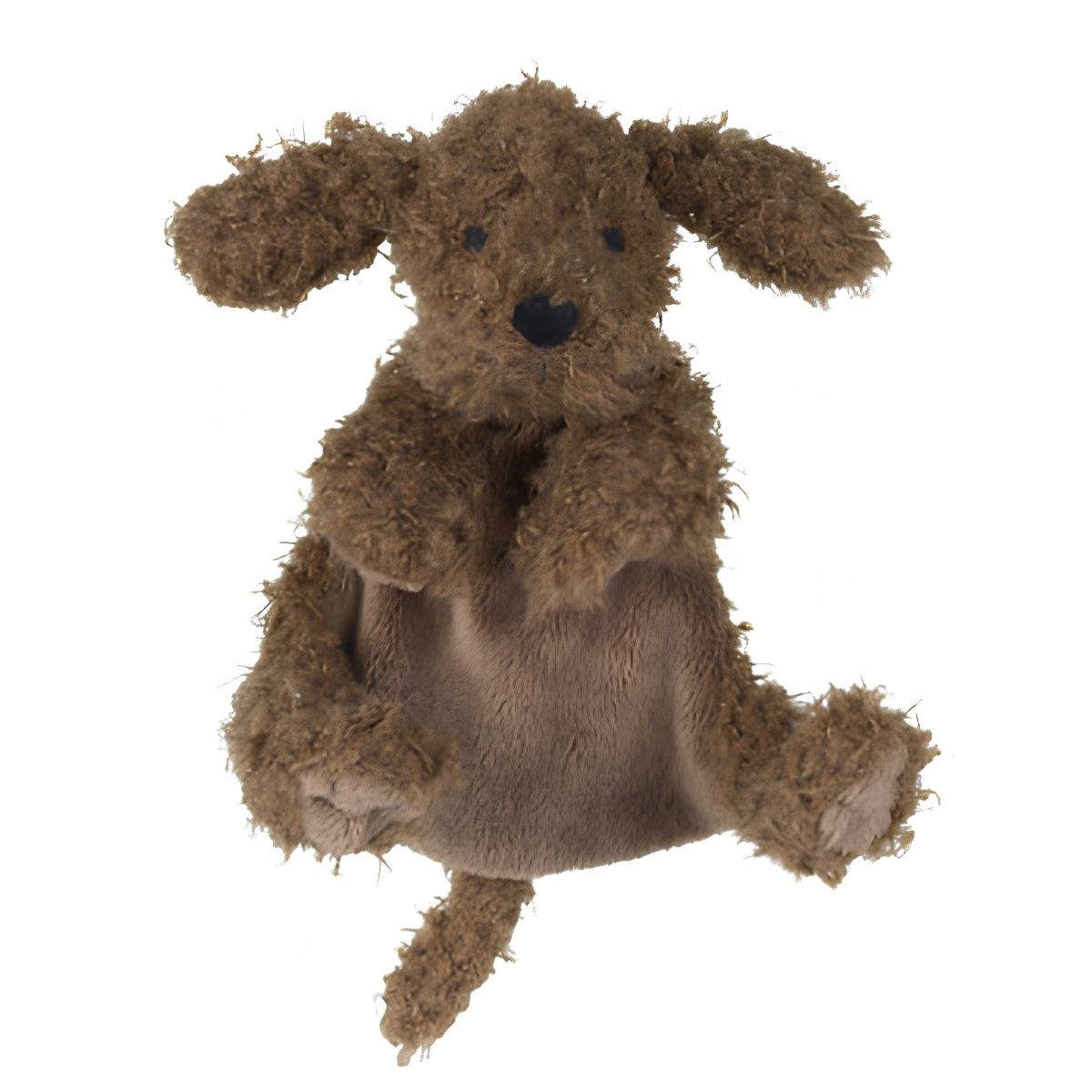 Happy Horse Labradoodle Larry dark brown curly plush security tuttle blanket puppy lovey against a white background.