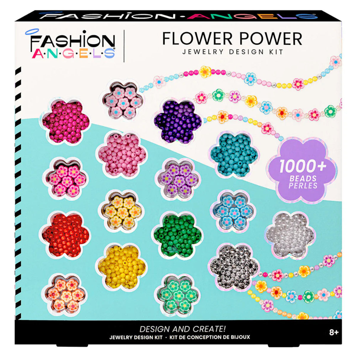 Box of Fashion Angels Flower Power jewelry design kit with colorful beads and flowers on a light blue background.