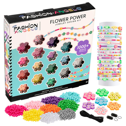 Fashion Angels Flower Power jewelry design kit with packaging and beads on a white background