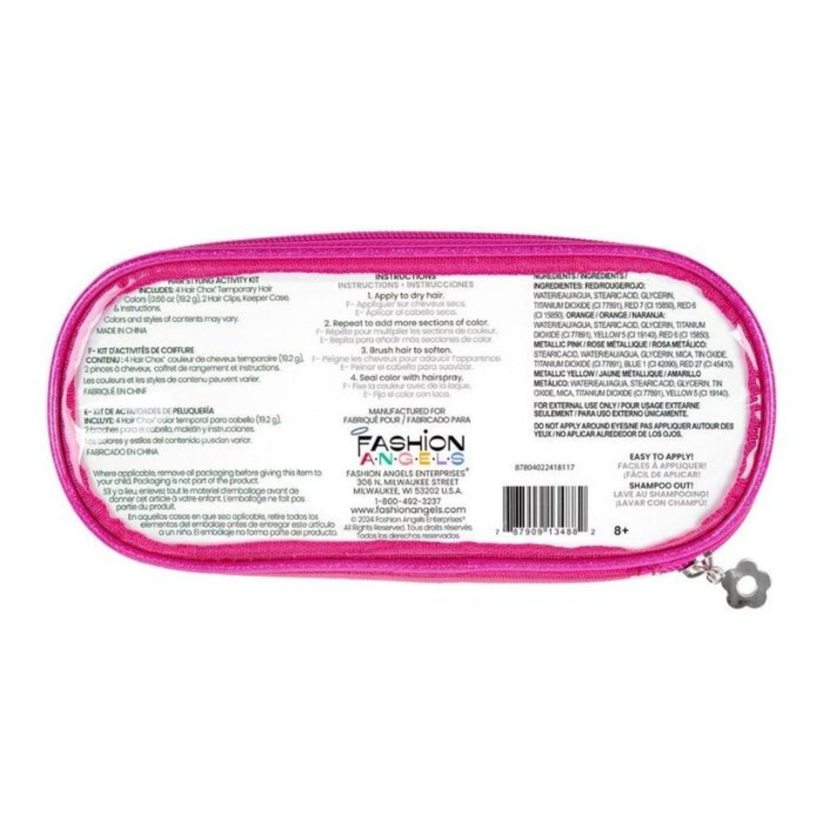 Pink pouch with label and keychain on a white background