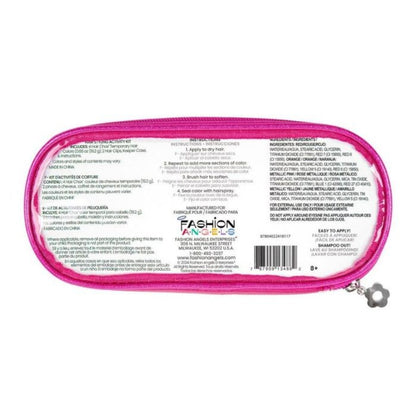 Pink pouch with label and keychain on a white background