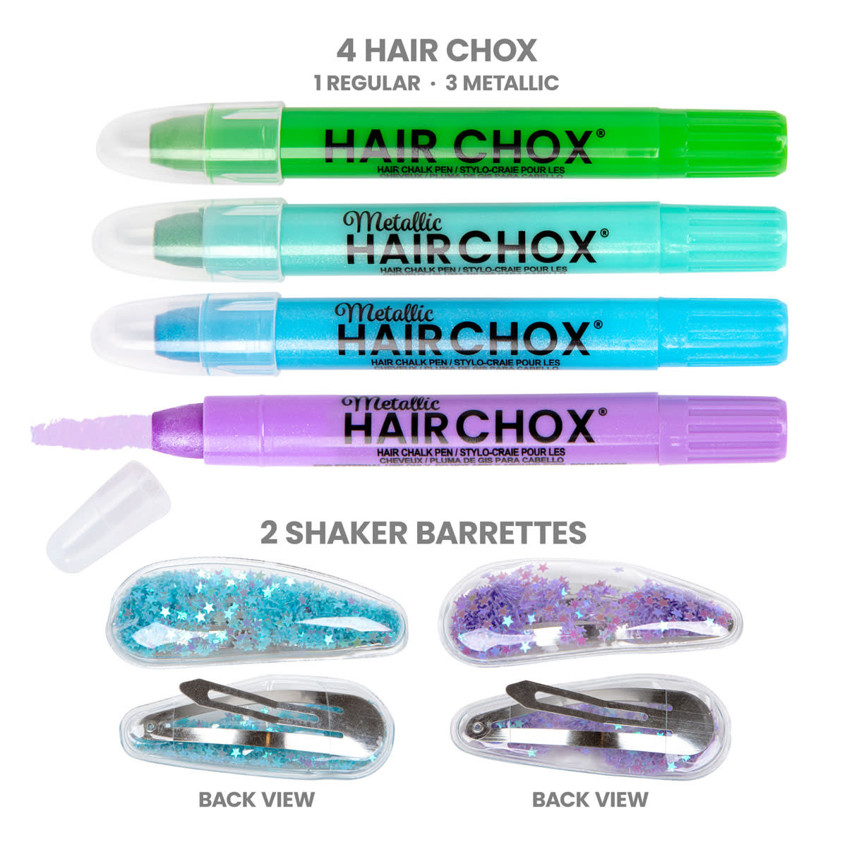 Set of Hair Chox markers and shaker barrettes on a white background