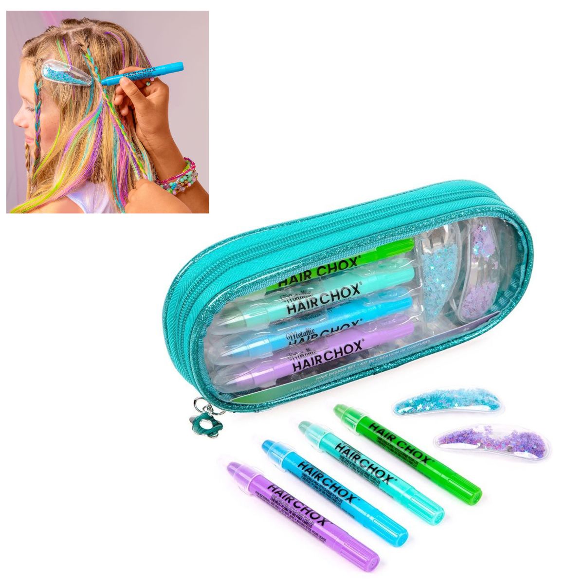 Fashion Angels Hair Chox Design Kit: Turquoise & Co Pouch, Temporary Hair Chalk Sticks