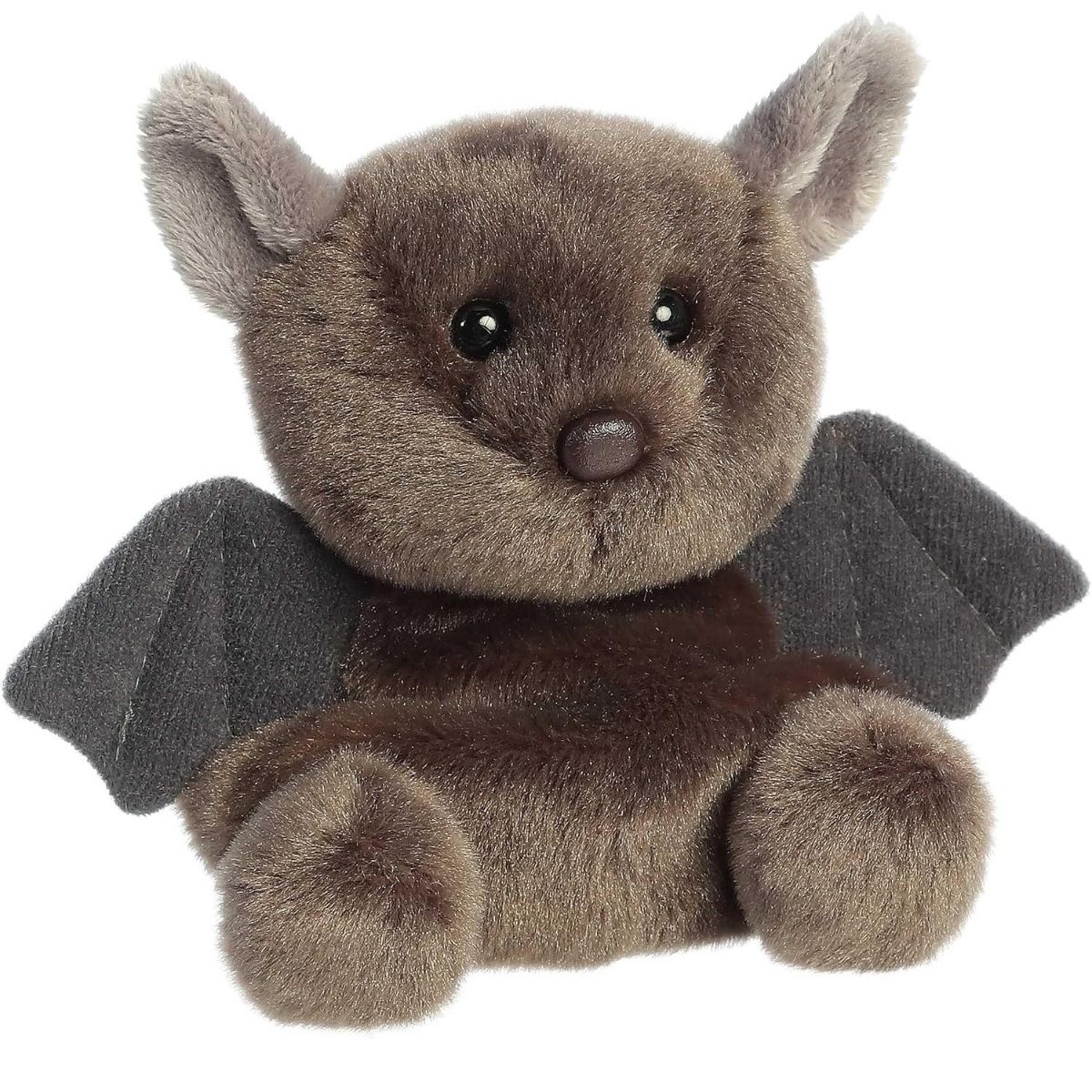 Aurora 5-inch Palm Pals Luna Bat plush toy sitting forward showing its fuzzy taupe-brown body, outspread charcoal bat wings, and large pointed ears.
