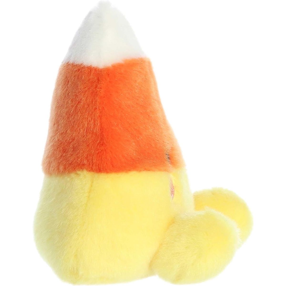 Side profile thumbnail of the mini candy corn plush showcasing its wedge-like structural depth and upright sitting posture.
