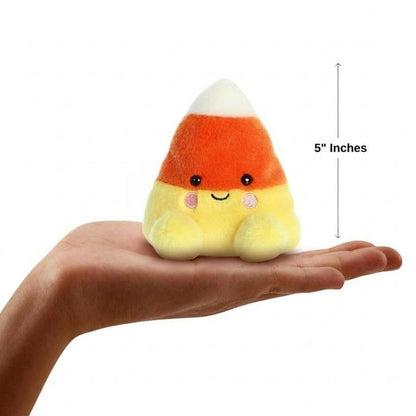 The miniature Maisy Candy Corn plush sitting balanced in an open human hand under a 5-inch height graphic indicator.