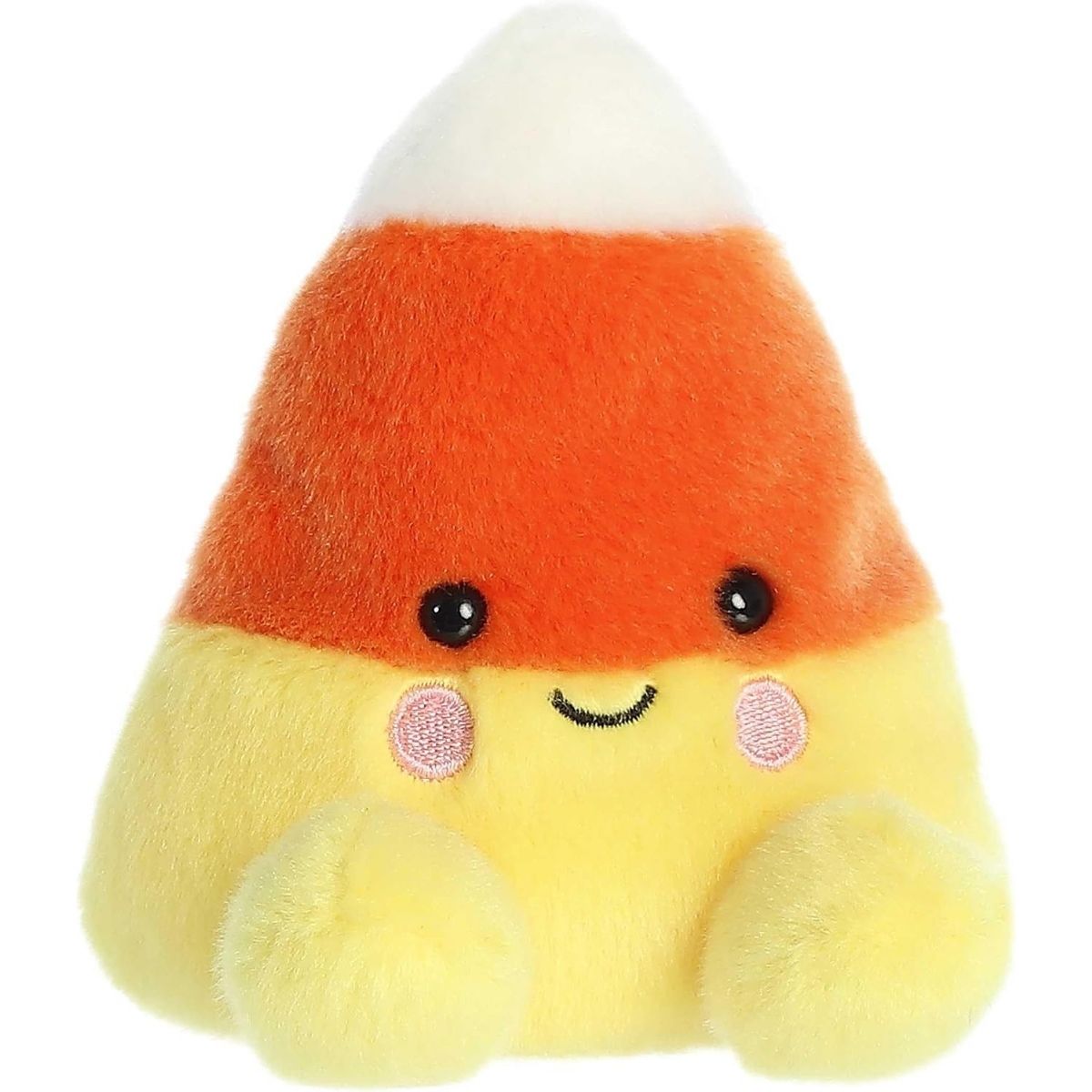 Aurora 5-inch Palm Pals Maisy Candy Corn plush toy showing its classic white, orange, and yellow tri-color layers, sweet smiling face, and small yellow feet.