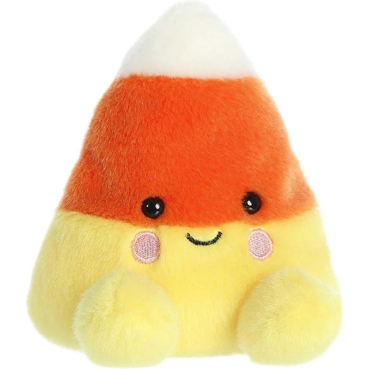 Aurora 5-inch Palm Pals Maisy Candy Corn plush toy showing its classic white, orange, and yellow tri-color layers, sweet smiling face, and small yellow feet.