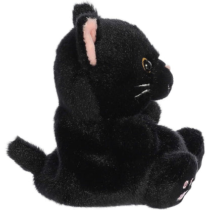 Side profile thumbnail of the mini black cat plush showcasing its rounded profile, small upright tail, and soft sitting posture.