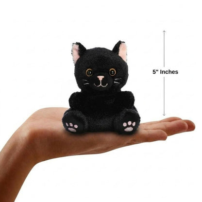 The miniature Twilight Black Cat plush sitting balanced in an open human hand under a 5-inch height graphic indicator.