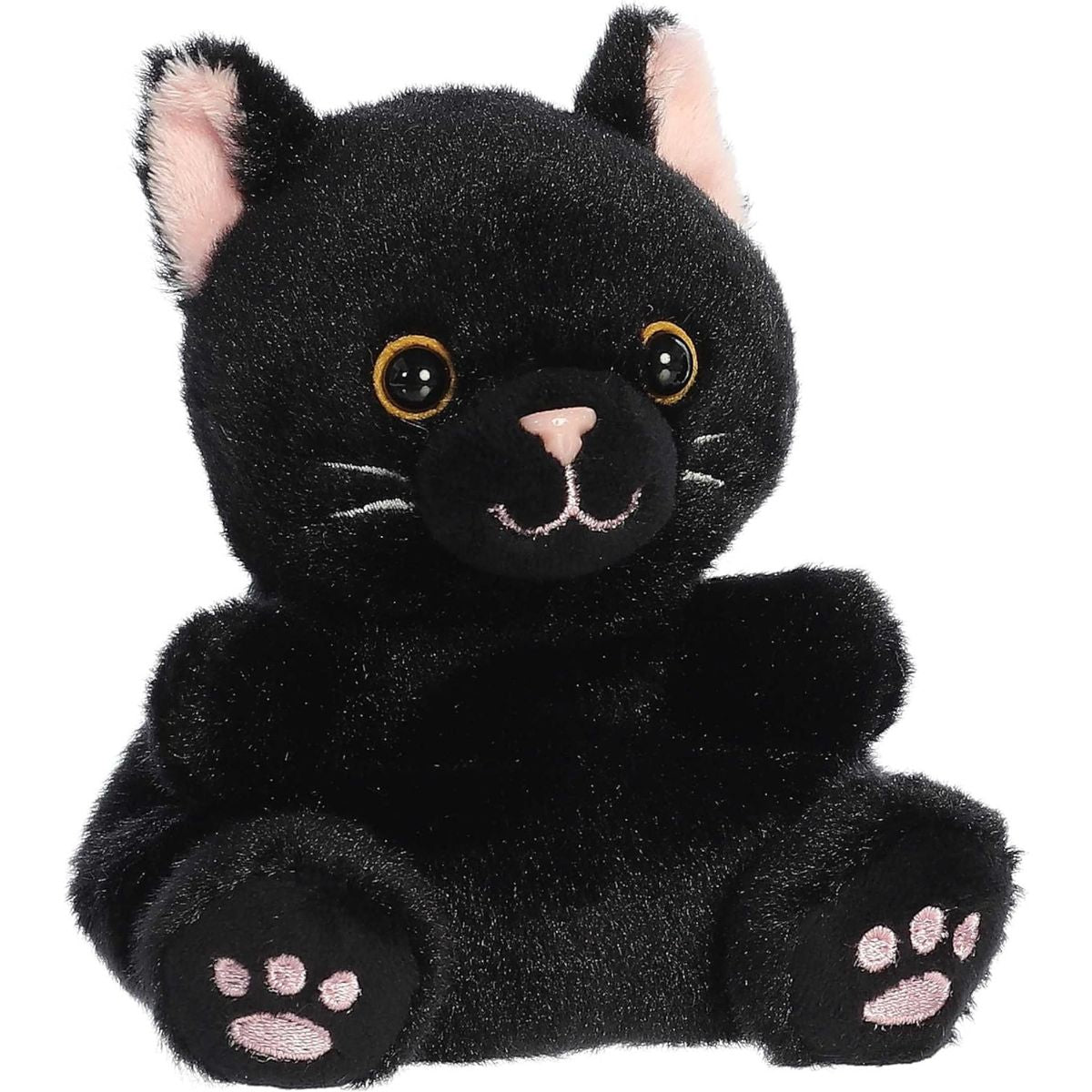 Aurora 5-inch Palm Pals Twilight Black Cat plush toy sitting at an angle showing its jet-black fur, bright amber eyes, pink inner ears, and pink embroidered paw pads.