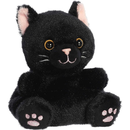 Aurora 5-inch Palm Pals Twilight Black Cat plush toy sitting at an angle showing its jet-black fur, bright amber eyes, pink inner ears, and pink embroidered paw pads.