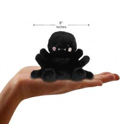 The miniature Penny Mae Spider plush sitting balanced in an open human hand under a 5-inch width graphic indicator.