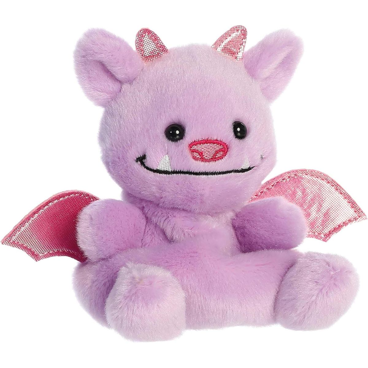 Aurora 5-inch Palm Pals Marbles Gargoyle plush toy sitting forward showing its lavender purple body, shimmering pink horns, outspread bat wings, and a happy smiling face with one tiny fang.