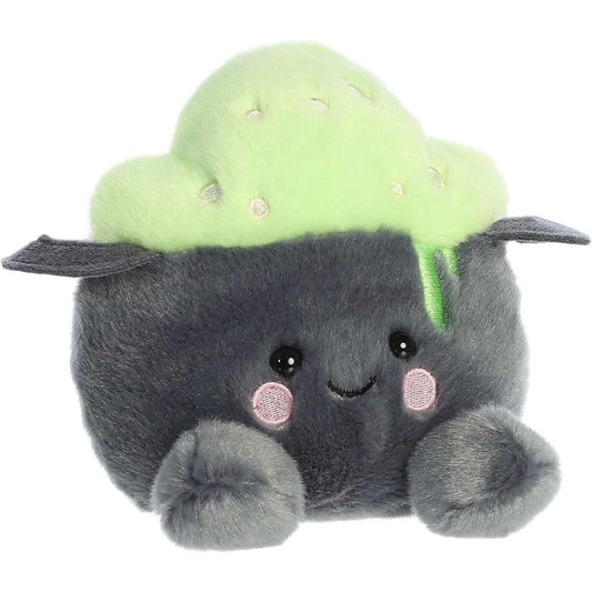Aurora 5-inch Palm Pals Bubbly Cauldron plush toy showing its charcoal grey pot shape, side handles, overflowing bubbly lime-green potion, and a happy smiling face.
