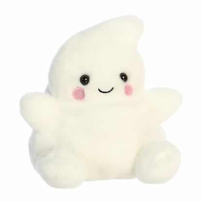 Aurora 5-inch Palm Pals Tricks Ghost plush toy showing its soft cream-white body, curved ghost point, outstretched arms, dark eyes, and rosy pink cheeks.