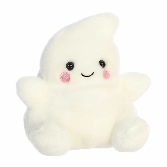 Aurora 5-inch Palm Pals Tricks Ghost plush toy showing its soft cream-white body, curved ghost point, outstretched arms, dark eyes, and rosy pink cheeks.