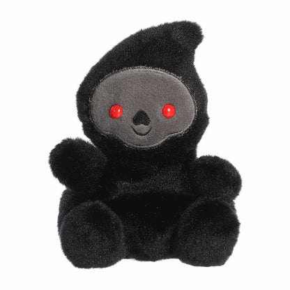 A close-up front portrait thumbnail of the Omen Grim Reaper plush showcasing its symmetrical grey skull face, tiny smile, and red eyes.