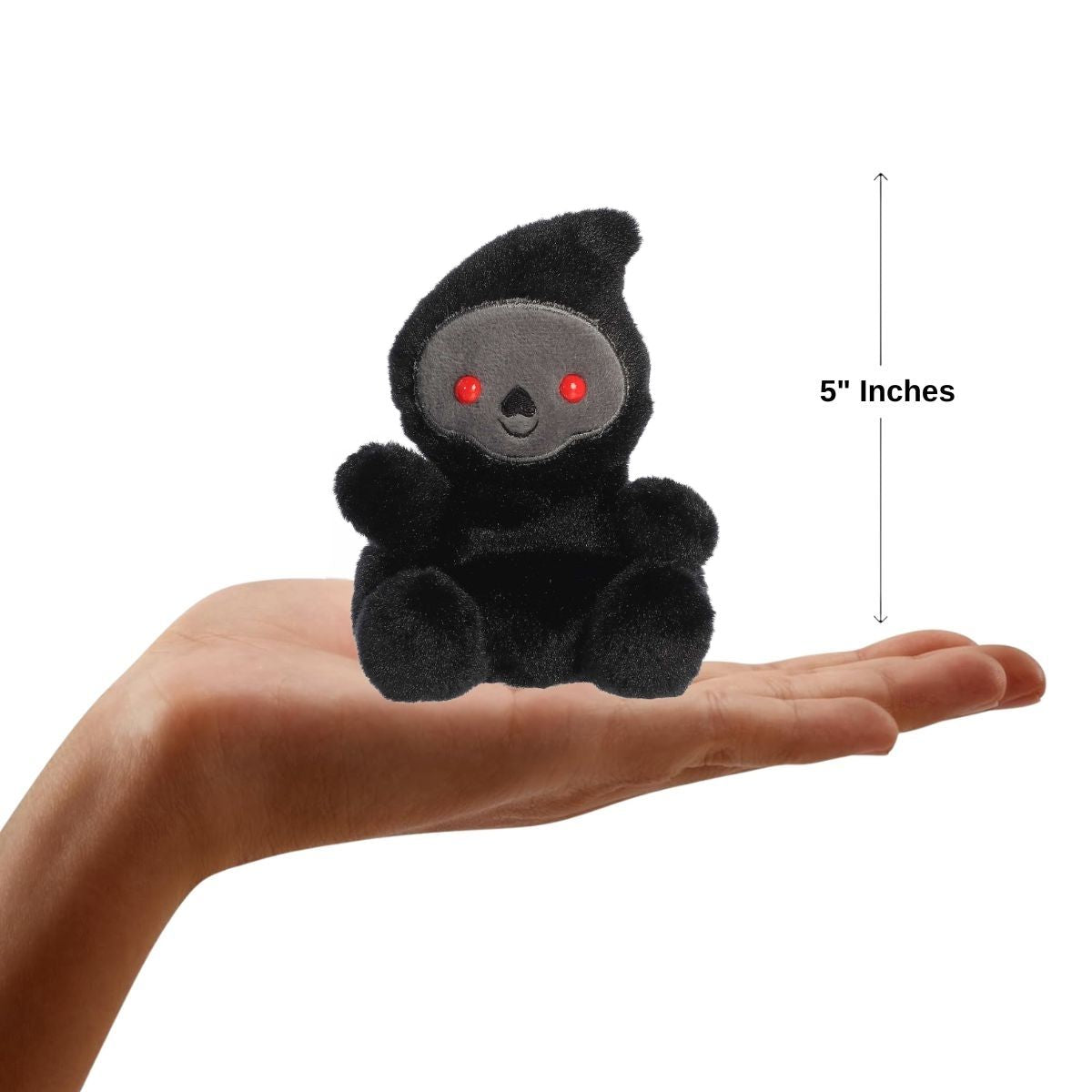 The miniature Omen Grim Reaper plush sitting inside an open human hand displaying a 5-inch height indicator graphic.