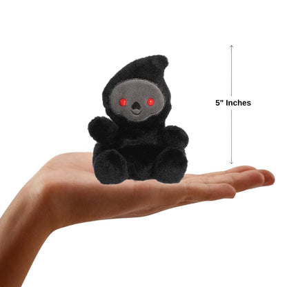 The miniature Omen Grim Reaper plush sitting inside an open human hand displaying a 5-inch height indicator graphic.