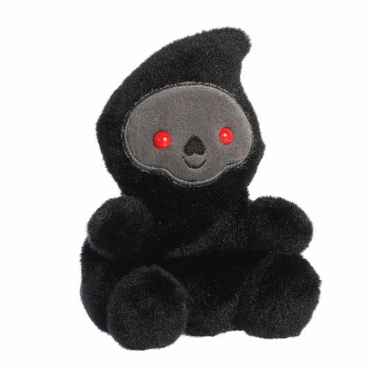 Aurora Palm Pals Omen 5-inch Grim Reaper plush stuffed toy sitting forward with an all-black hooded cloak and a grey face with red eyes.