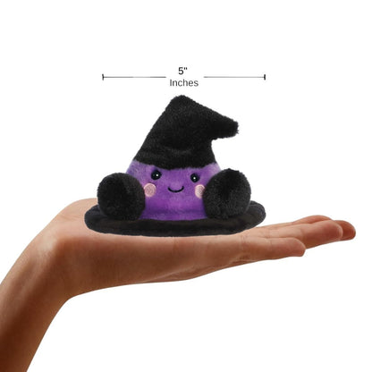 The miniature Rowena Witch Hat plush sitting inside an open human hand displaying a 5-inch height indicator graphic.