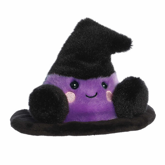 Aurora Palm Pals Rowena 5-inch Witch Hat plush stuffed toy sitting forward with a black pointed crown and purple face band.