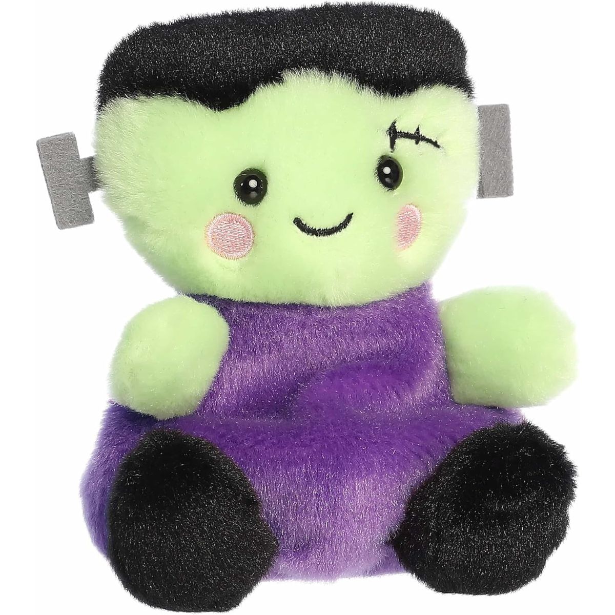 Aurora Palm Pals Bolts 5-inch Frankenstein plush stuffed toy sitting forward with a green face, black hair, and purple body.