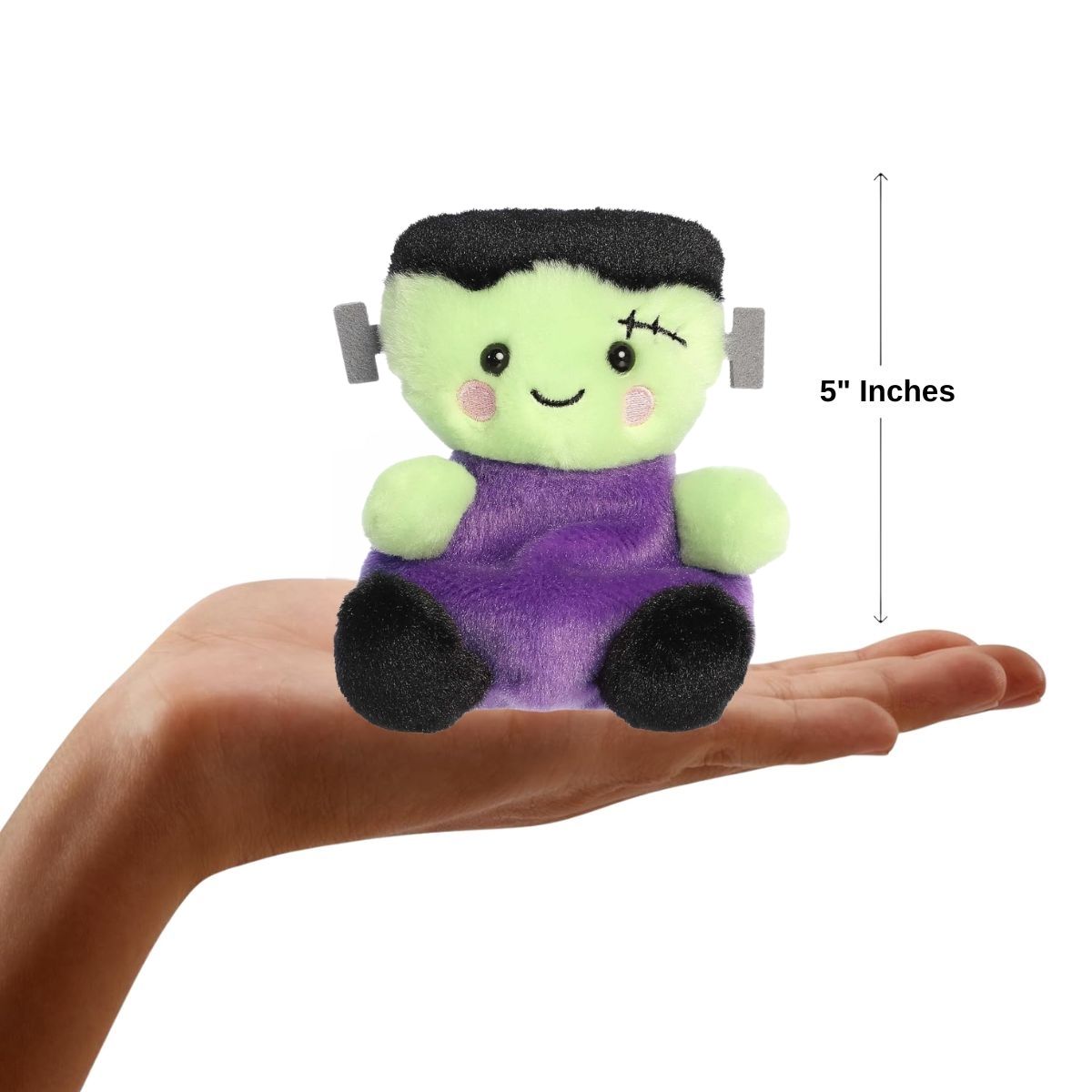 The miniature Bolts Frankenstein plush sitting inside an open human hand displaying a 5-inch height indicator graphic.